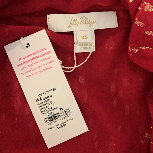 NWT Lilly Pulitzer Noraleen Silk Top Long Sleeved Metallic Red Women’s XS - Picture 11 of 12